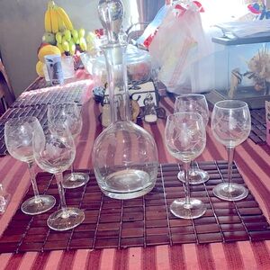 Princess House Bordeaux 16" Crystal Wine Decanter Vintage Cut Etche with/6 glass